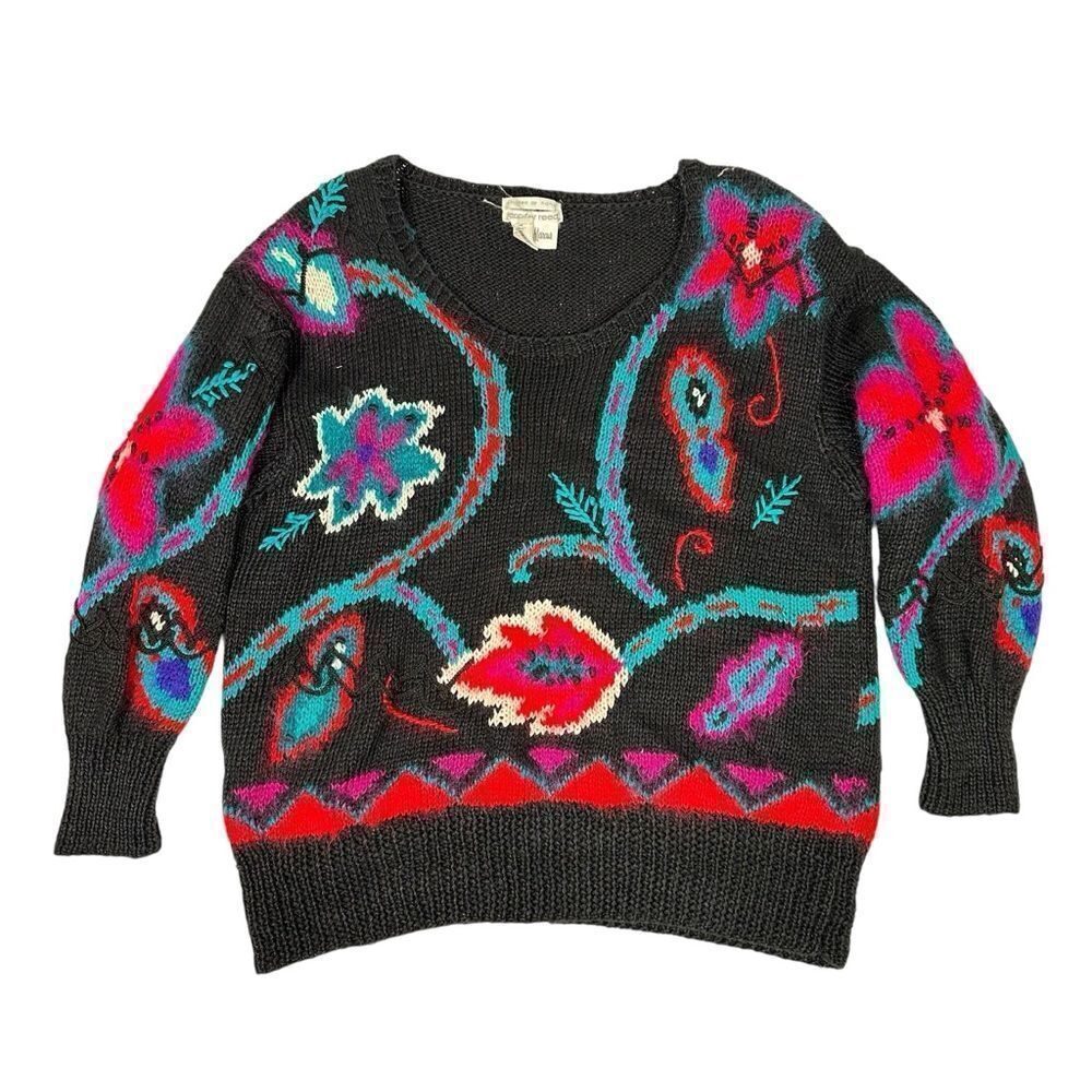 Vintage Jennifer Reed Neiman Marcus Hand Knit Floral Pattern Sweater Size L